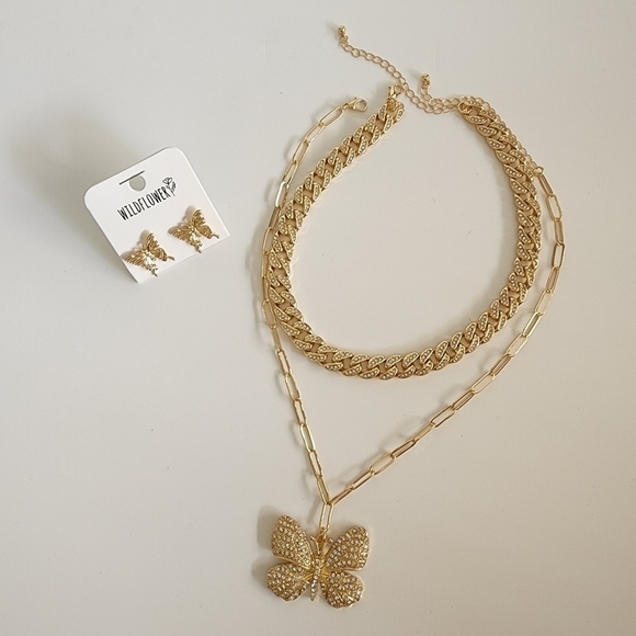 NEW Duble Rhinestone Gold Chain Butterfly Necklace Set - Picture 7 of 10